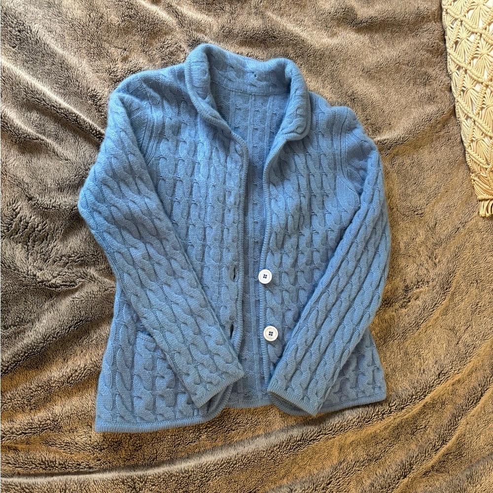 Blue Cable Knit Cashmere Cardigan Sweater